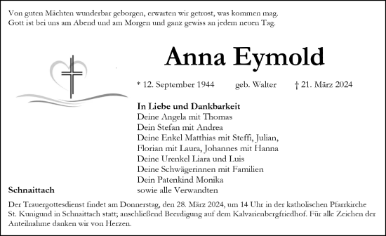 Traueranzeige von Anna Eymold von Hersbrucker Zeitung Lokal