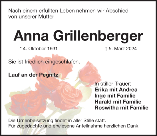 Traueranzeige von Anna Grillenberger von Pegnitz-Zeitung