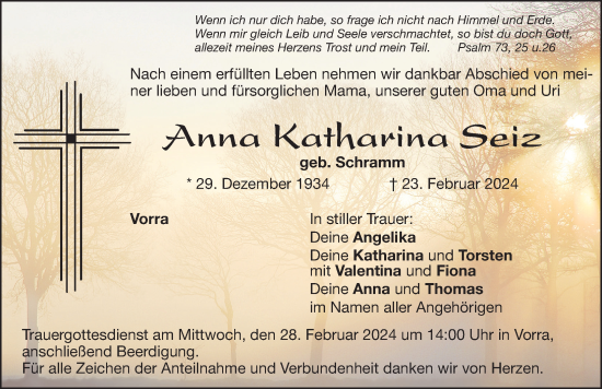 Traueranzeige von Anna Katharina Seiz von Hersbrucker Zeitung Lokal