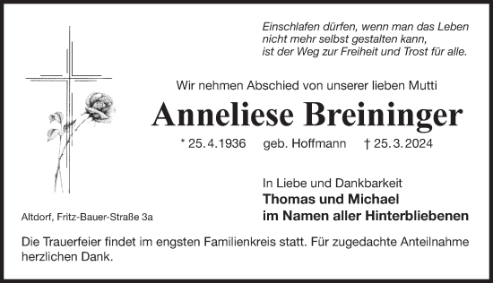 Traueranzeige von Anneliese Breininger von Der Bote