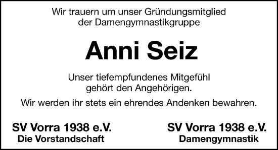 Traueranzeige von Anni Seiz von Hersbrucker Zeitung Lokal