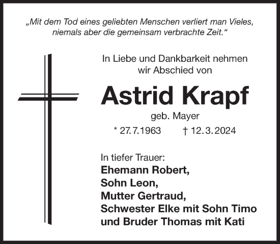 Traueranzeige von Astrid Krapf von Der Bote