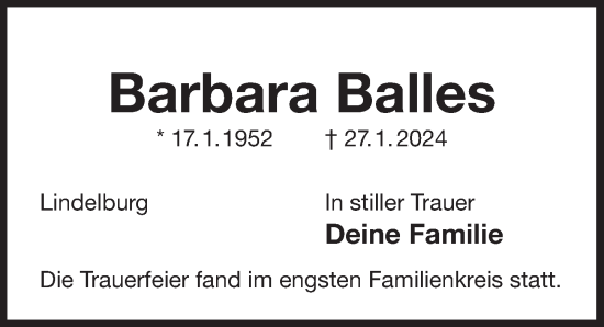 Traueranzeige von Barbara Balles von Der Bote