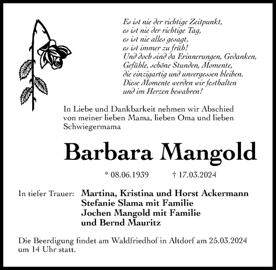 Traueranzeige von Barbara Mangold von Der Bote
