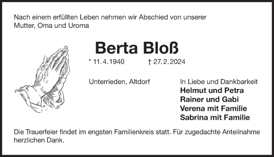 Traueranzeige von Berta Bloß von Der Bote