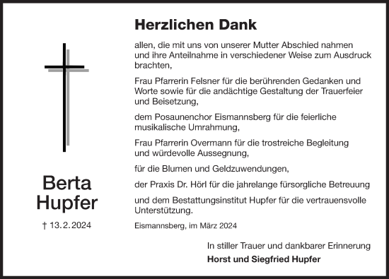 Traueranzeige von Berta Hupfer von Der Bote