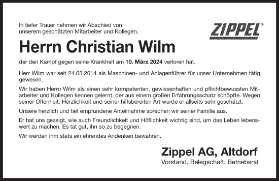 Traueranzeige von Christian Wilm von Der Bote