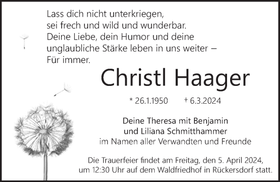 Traueranzeige von Christl Haager von Pegnitz-Zeitung