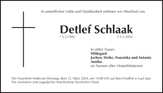 Traueranzeige von Detlef Schlaak von Pegnitz-Zeitung