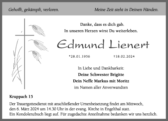 Traueranzeige von Edmund Lienert von Hersbrucker Zeitung Lokal