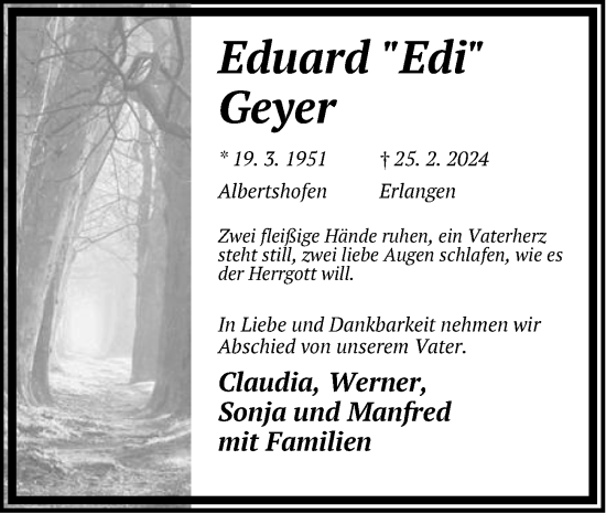 Traueranzeige von Eduard Geyer von Hersbrucker Zeitung Lokal