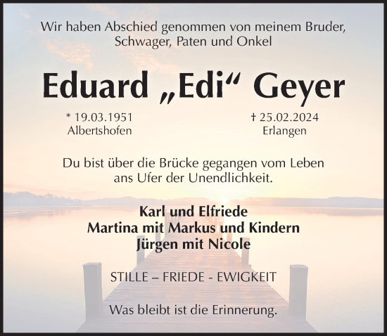 Traueranzeige von Eduard Geyer von Pegnitz-Zeitung
