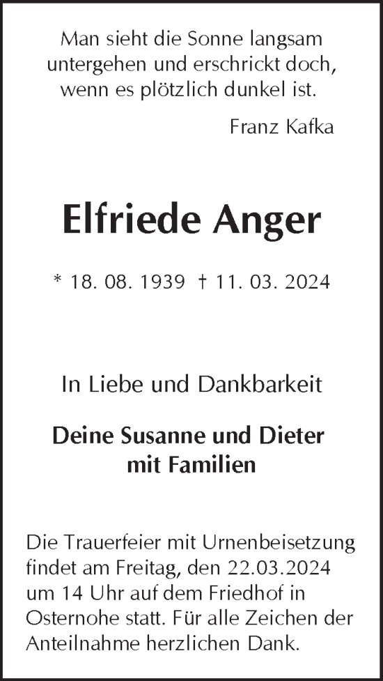 Traueranzeige von Elfriede Anger von Pegnitz-Zeitung
