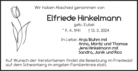 Traueranzeige von Elfriede Hinkelmann von Pegnitz-Zeitung