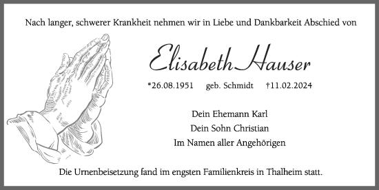 Traueranzeige von Elisabeth Hauser von Hersbrucker Zeitung Lokal