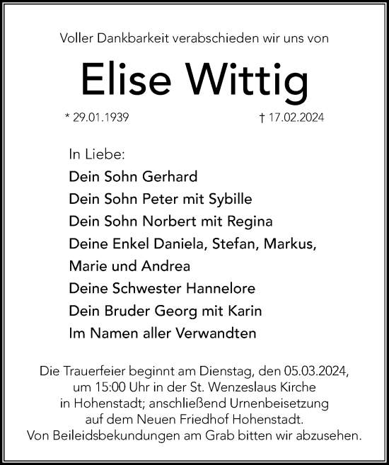 Traueranzeige von Elise Wittig von Hersbrucker Zeitung Lokal