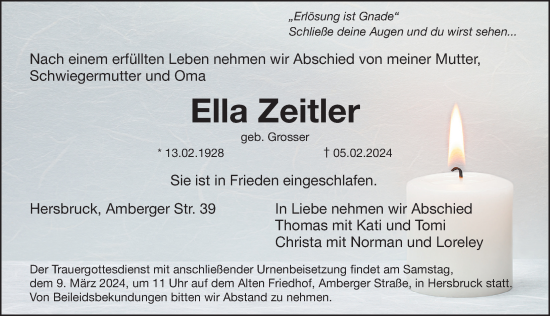 Traueranzeige von Ella Zeltler von Hersbrucker Zeitung Lokal