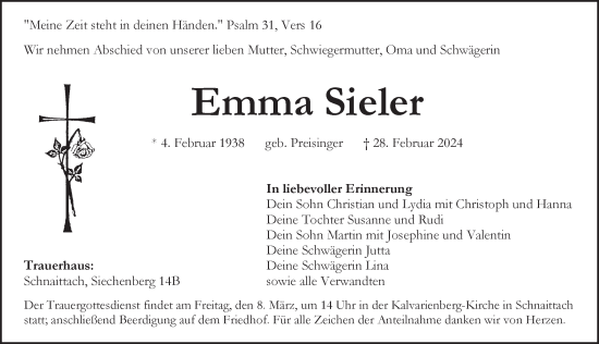 Traueranzeige von Emma Sieler von Pegnitz-Zeitung