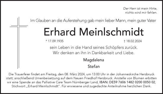 Traueranzeige von Erhard Meinlschmidt von Pegnitz-Zeitung