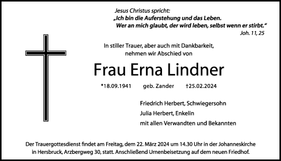 Traueranzeige von Erna Lindner von Hersbrucker Zeitung Lokal