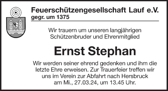 Traueranzeige von Ernst Stephan von Pegnitz-Zeitung