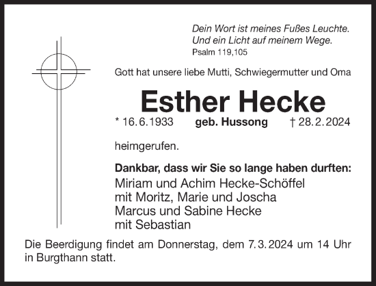 Traueranzeige von Esther Hecke von Der Bote