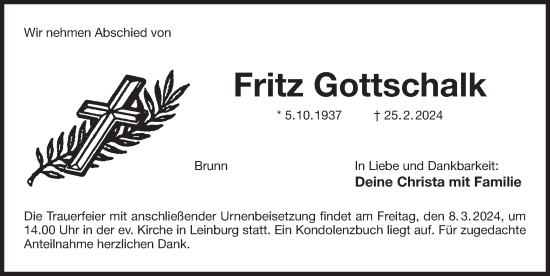 Traueranzeige von Fritz Gottschalk von Der Bote