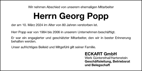 Traueranzeige von Georg Popp von Hersbrucker Zeitung Lokal