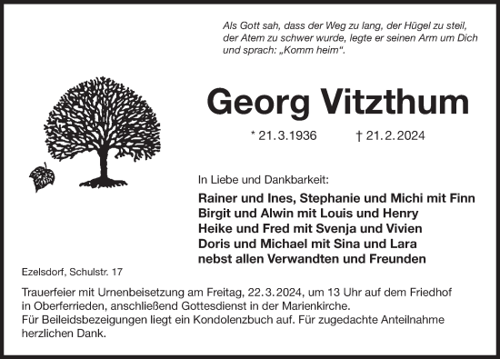 Traueranzeige von Georg Vitzthum von Der Bote