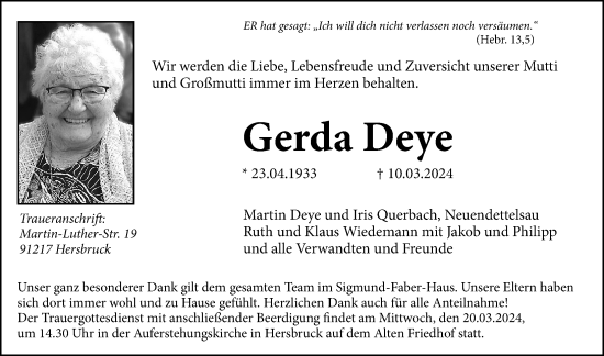 Traueranzeige von Gerda Deye von Hersbrucker Zeitung Lokal