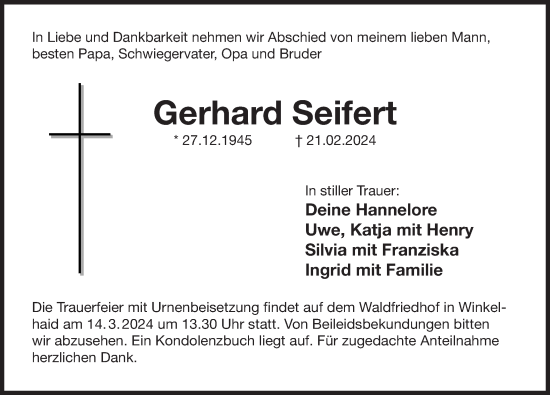 Traueranzeige von Gerhard Seifert von Der Bote