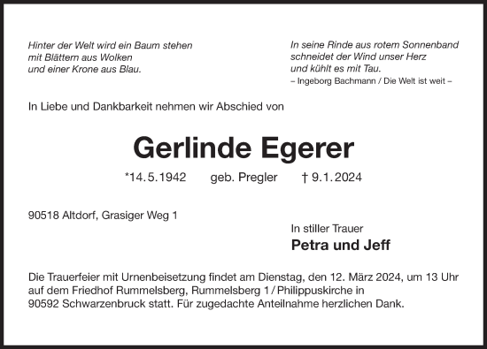 Traueranzeige von Gerlinde Egerer von Der Bote