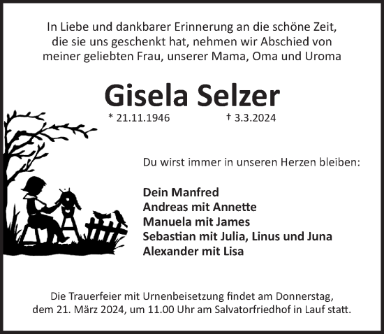 Traueranzeige von Gisela Selzer von Pegnitz-Zeitung