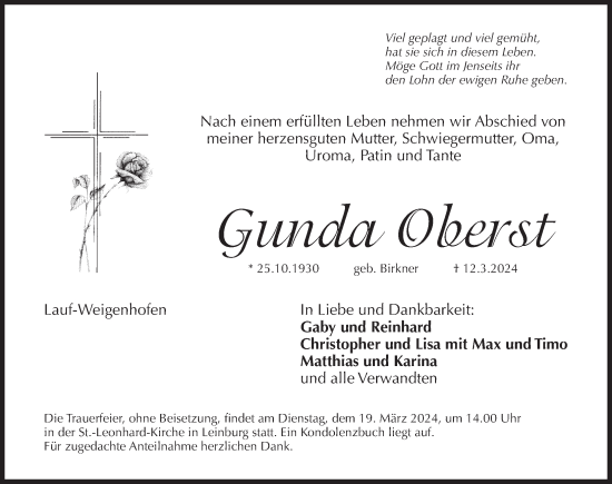 Traueranzeige von Gunda Oberst von Pegnitz-Zeitung