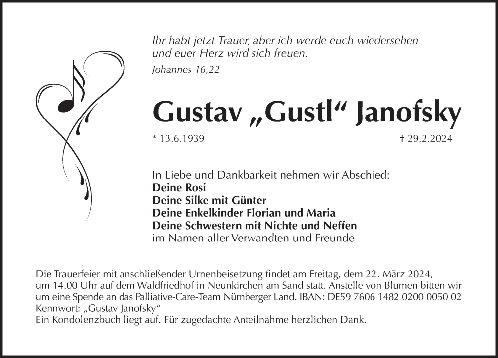  Traueranzeige für Gustav Janofsky vom 20.03.2024 aus Pegnitz-Zeitung