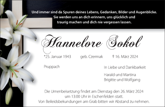 Traueranzeige von Hannelore Sokol von Hersbrucker Zeitung Lokal