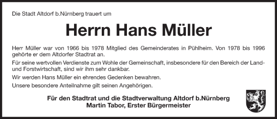 Traueranzeige von Hans Müller von Der Bote