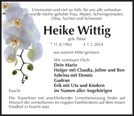 Traueranzeige von Heike Wittig von Der Bote