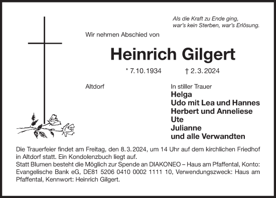 Traueranzeige von Heinrich Gilgert von Der Bote