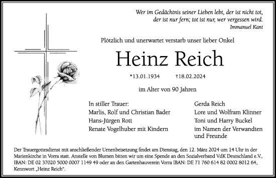 Traueranzeige von Heinz Reich von Hersbrucker Zeitung Lokal