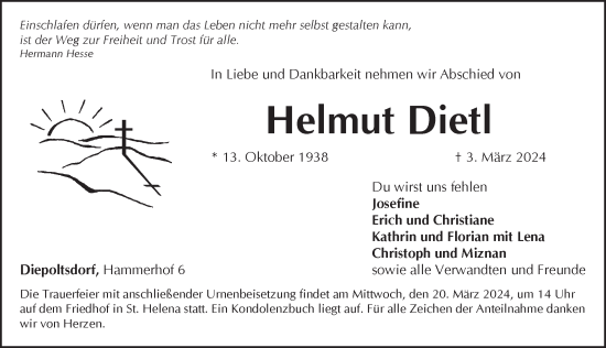 Traueranzeige von Helmut Dietl von Pegnitz-Zeitung