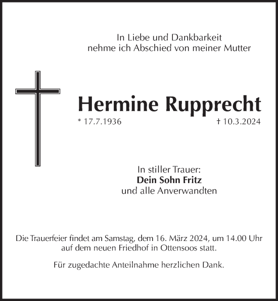 Traueranzeige von Hermine Rupprecht von Pegnitz-Zeitung