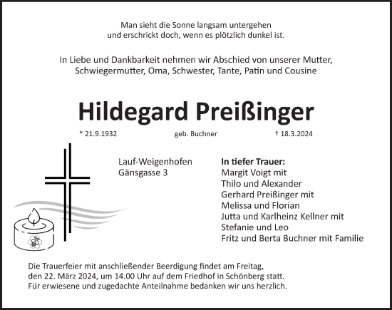 Traueranzeige von Hildegard Preißinger von Pegnitz-Zeitung