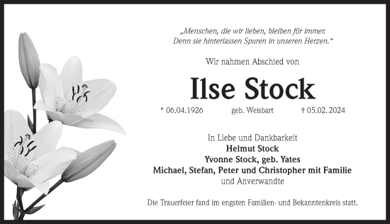 Traueranzeige von Ilse Stock von Pegnitz-Zeitung