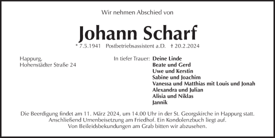 Traueranzeige von Johann Scharf von Pegnitz-Zeitung