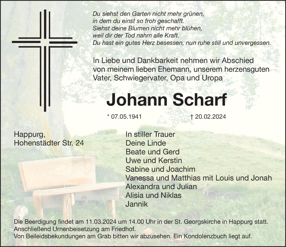  Traueranzeige für Johann Scharf vom 02.03.2024 aus Hersbrucker Zeitung Lokal
