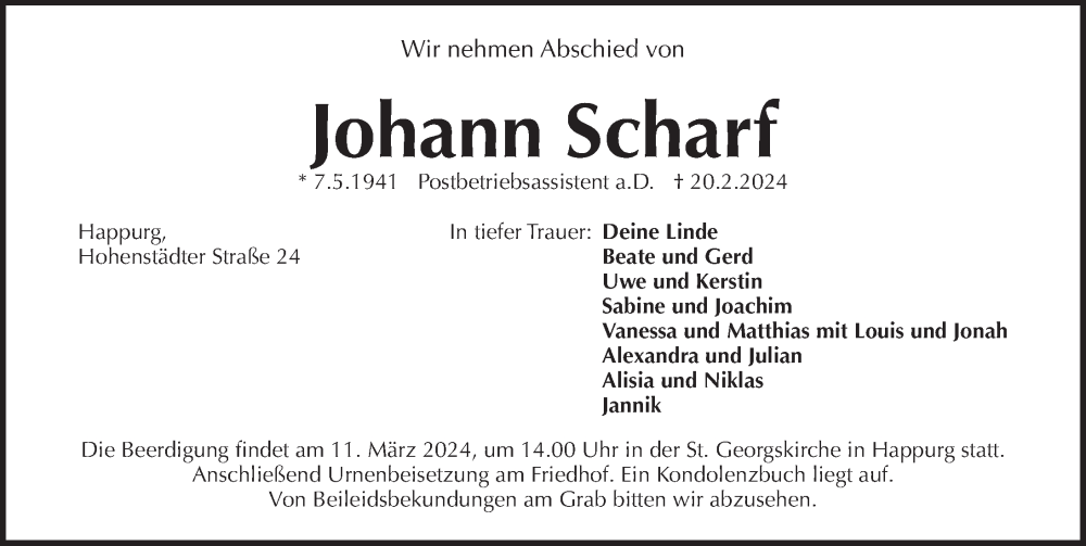  Traueranzeige für Johann Scharf vom 02.03.2024 aus Pegnitz-Zeitung
