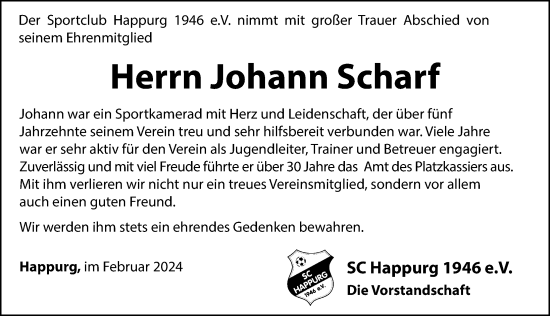 Traueranzeige von Johann Scharf von Hersbrucker Zeitung Lokal