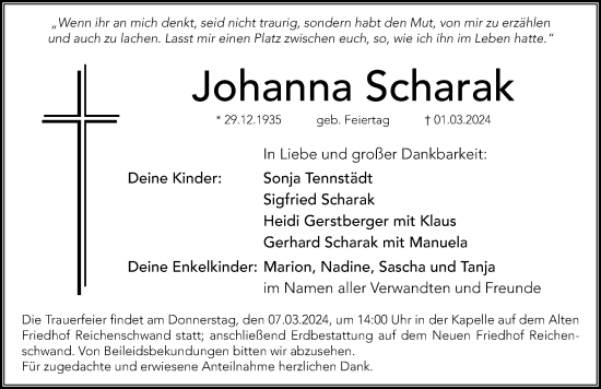Traueranzeige von Johanna Scharak von Hersbrucker Zeitung Lokal