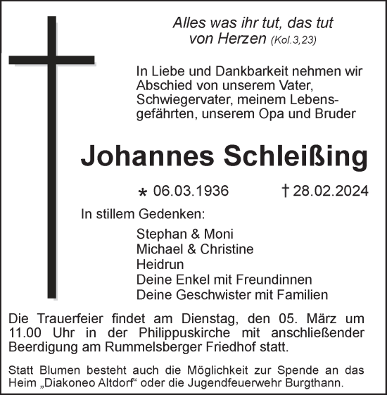 Traueranzeige von Johannes Schleißing von Der Bote